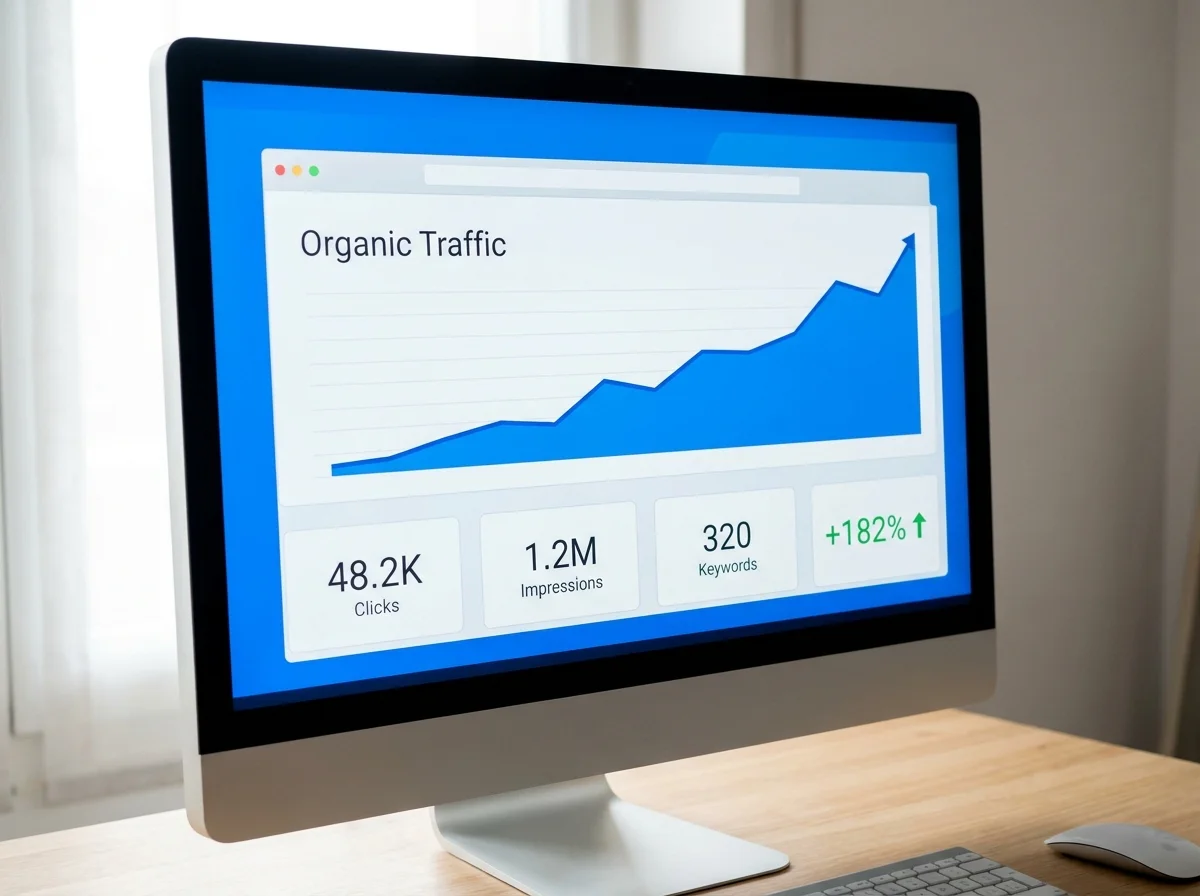 SEO analytics dashboard showing rising organic traffic